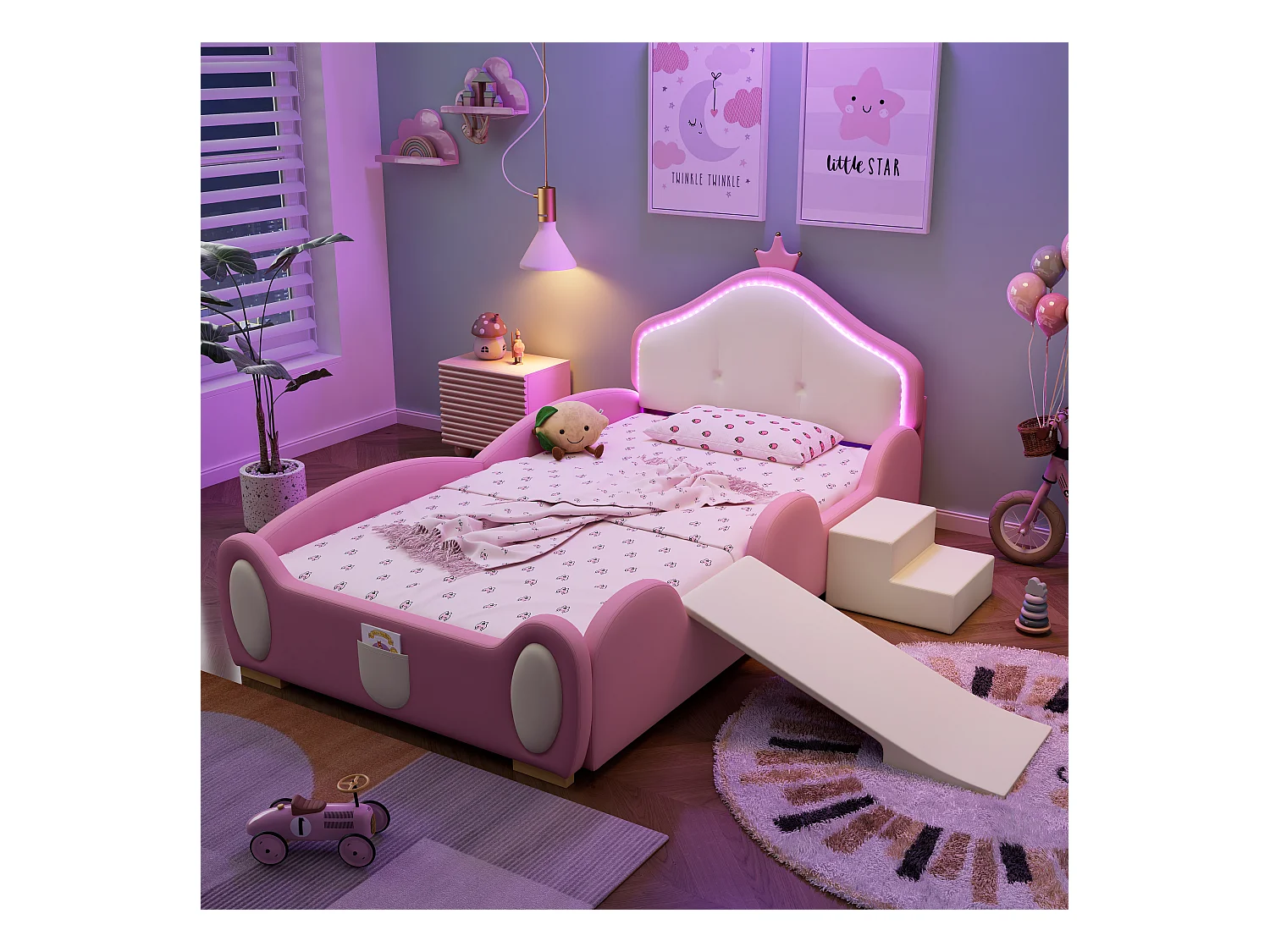 Cama individual infantil 90x200cm con corona, LED, tobogán y escalera intercambiables – en PU rosa beige (sin colchón)