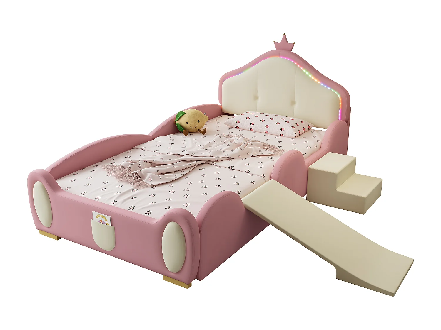 Lit simple enfant 90x200cm avec Couronne, LED, Toboggan et Escalier Interchangeables – en PU Rose Beige(sans matelas)