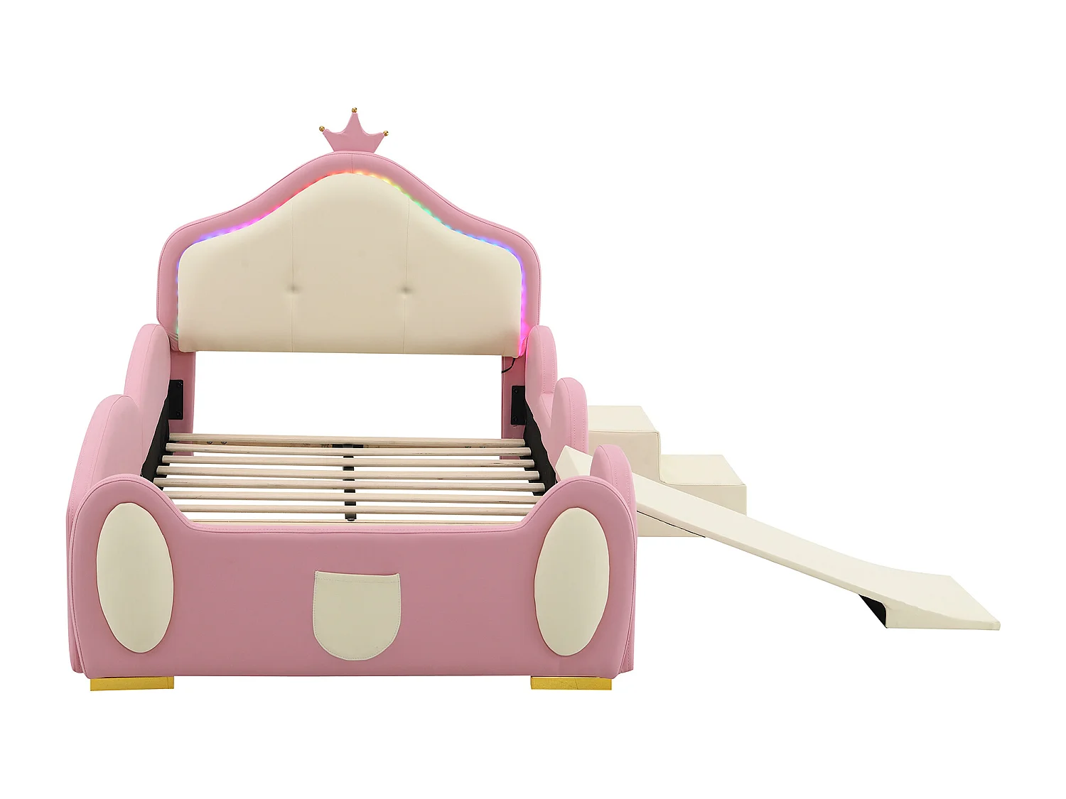 Lit simple enfant 90x200cm avec Couronne, LED, Toboggan et Escalier Interchangeables – en PU Rose Beige(sans matelas)