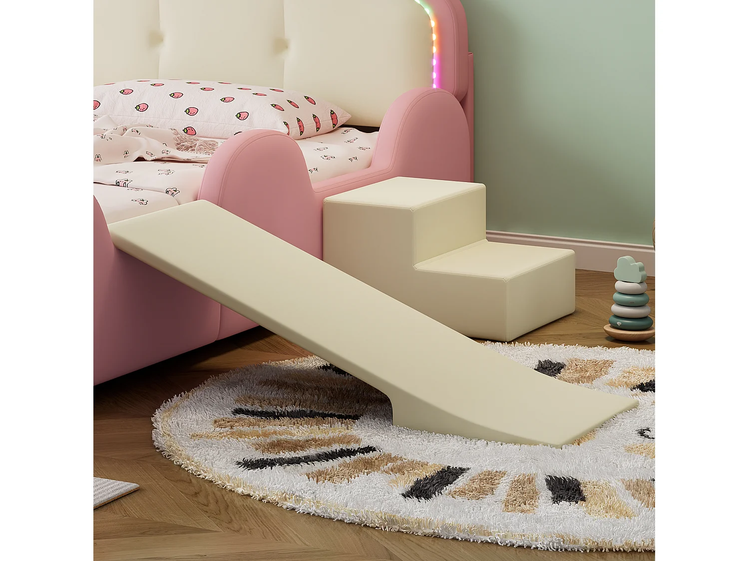 Lit simple enfant 90x200cm avec Couronne, LED, Toboggan et Escalier Interchangeables – en PU Rose Beige(sans matelas)