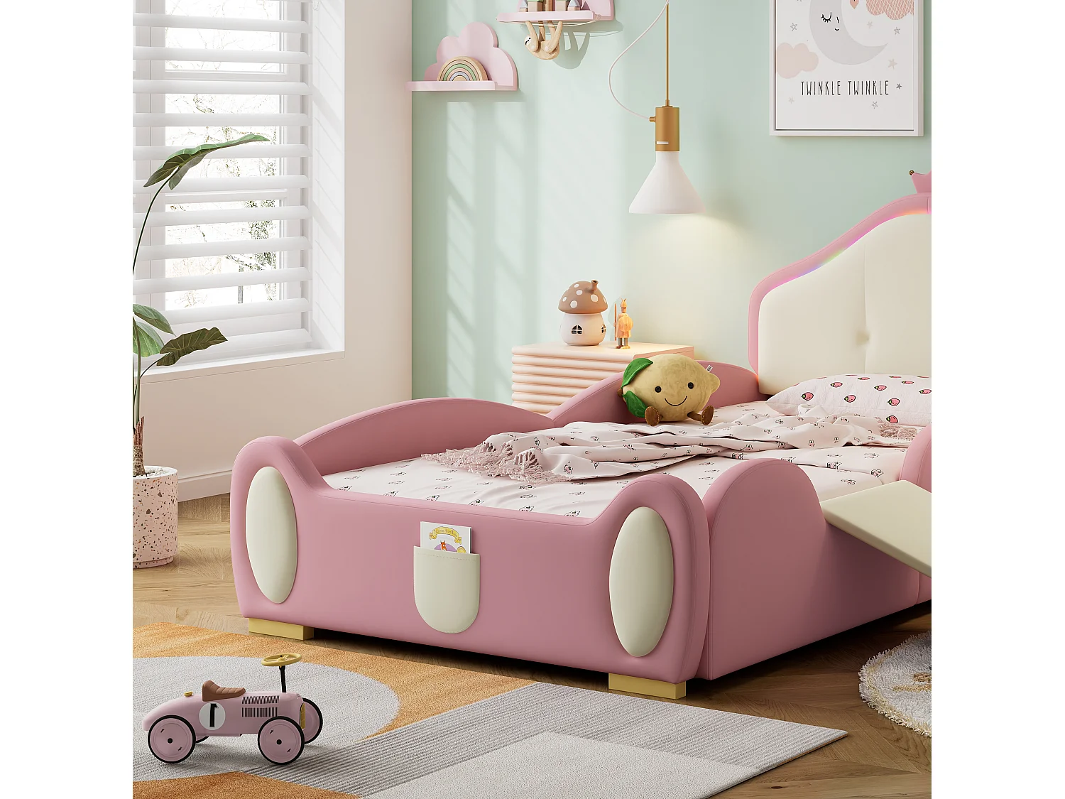 Lit simple enfant 90x200cm avec Couronne, LED, Toboggan et Escalier Interchangeables – en PU Rose Beige(sans matelas)