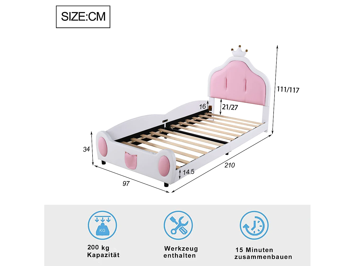 Lit enfant 90x200 cm, lit simple, tête de lit couronne, cuir artificiel, blanc+rose - Sans matelas