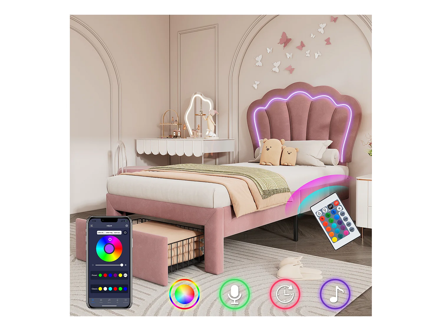 Lit enfant 90x190cm en Velours rose avec LED + tiroir de rangement, sans matelas