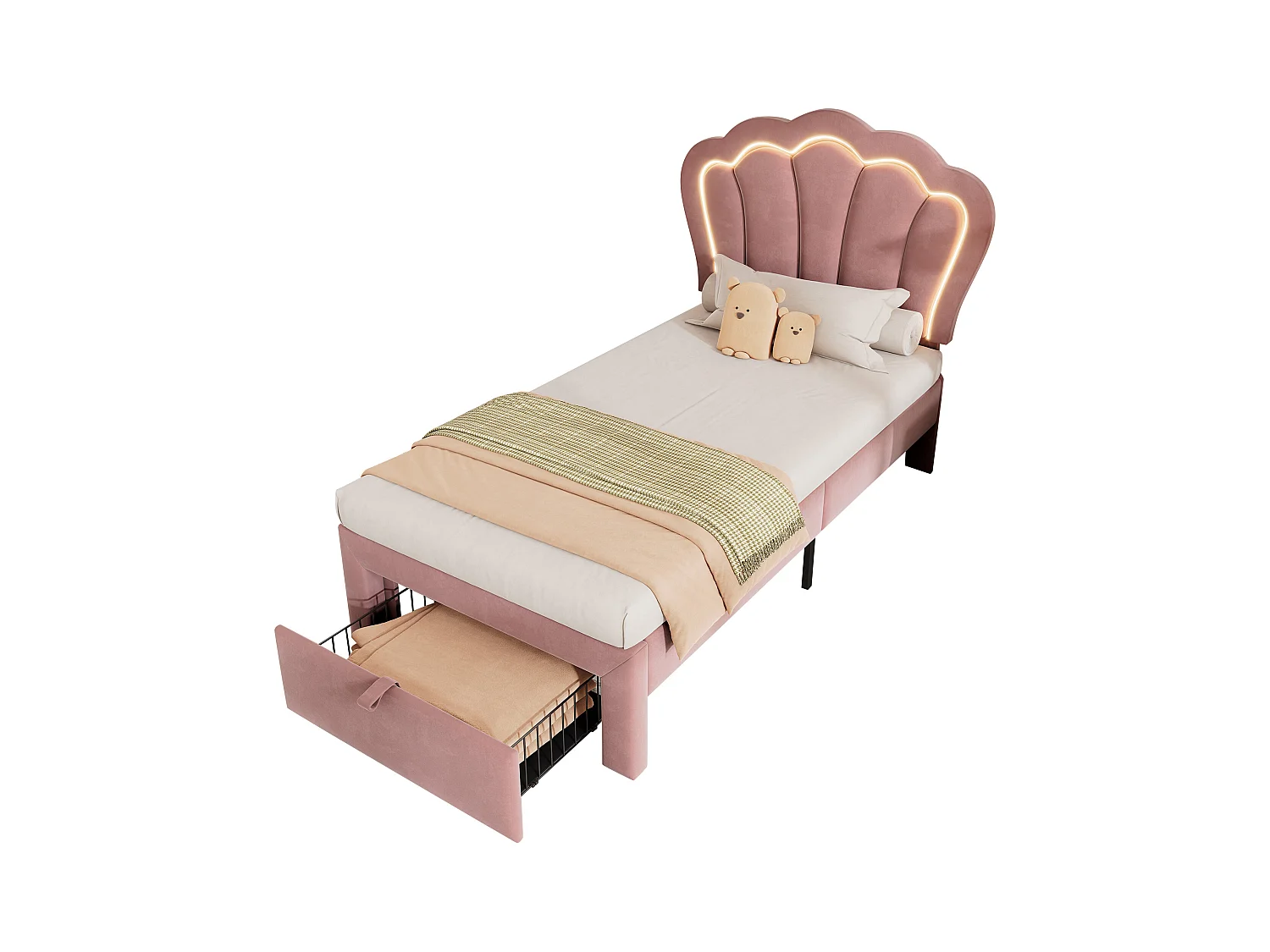 Lit enfant 90x190cm en Velours rose avec LED + tiroir de rangement, sans matelas