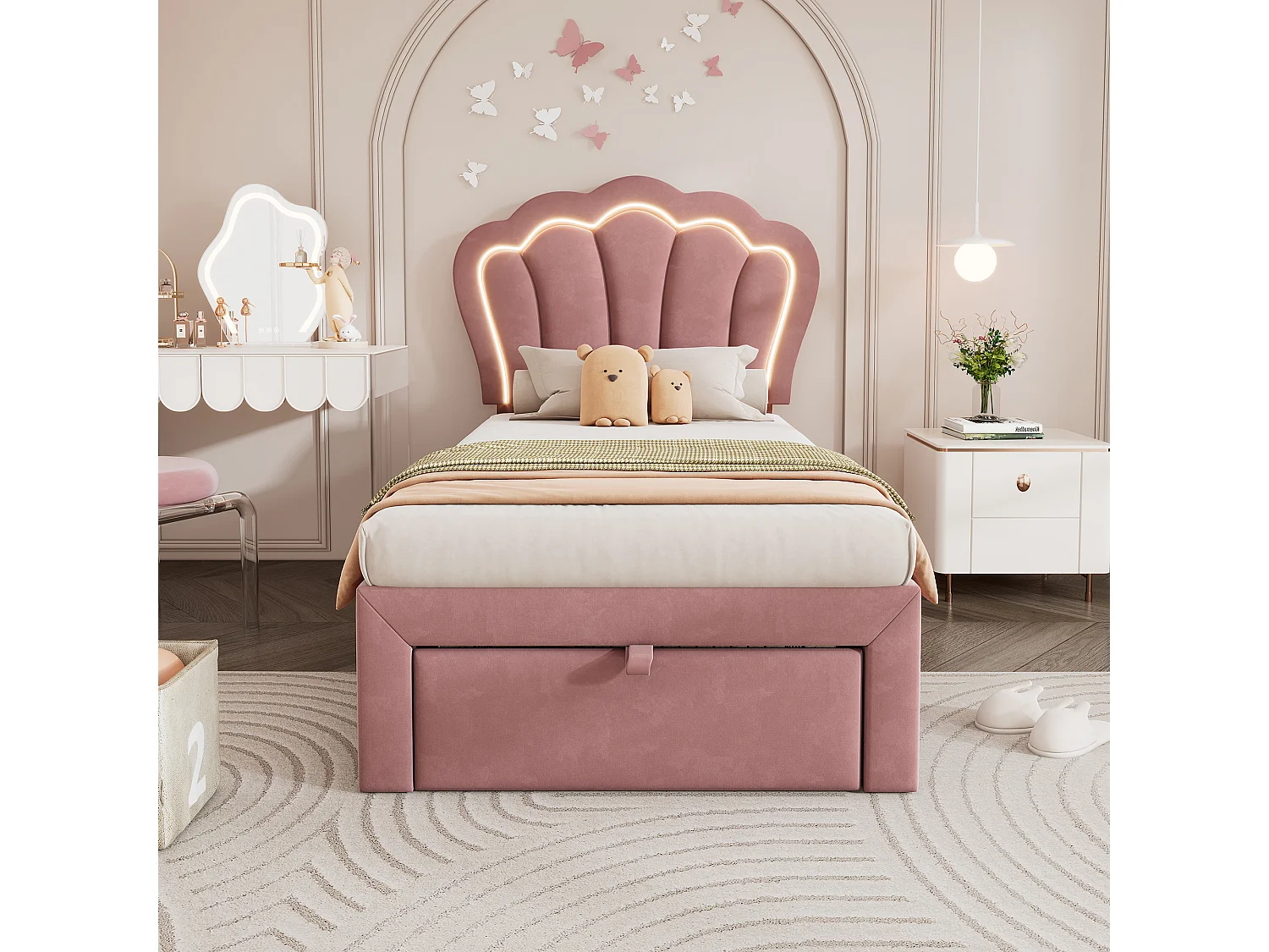 Lit enfant 90x190cm en Velours rose avec LED + tiroir de rangement, sans matelas