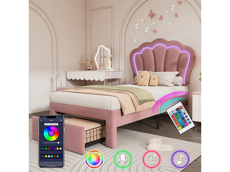 Lit enfant 90x190cm en Velours rose avec LED + tiroir de rangement, sans matelas