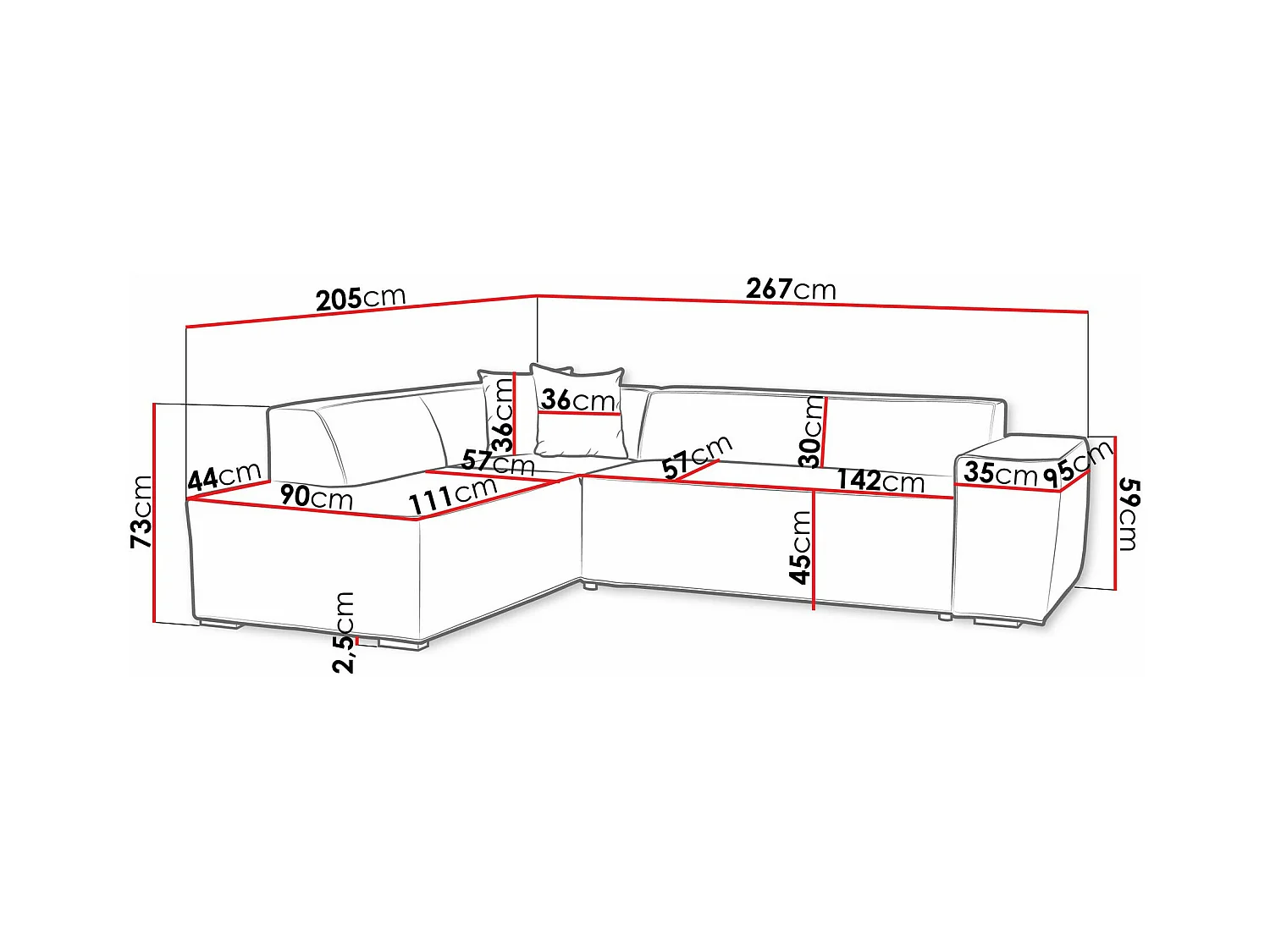 Sofá rinconero Comfivo 289, Rojo, 267x205x73cm