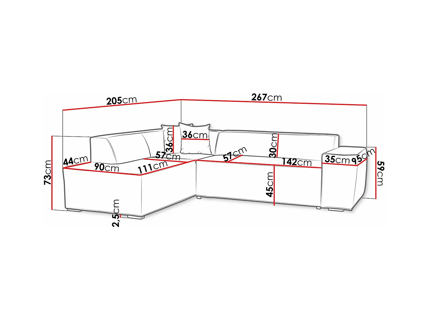 Sofá rinconero Comfivo 289, Negro, 267x205x73cm