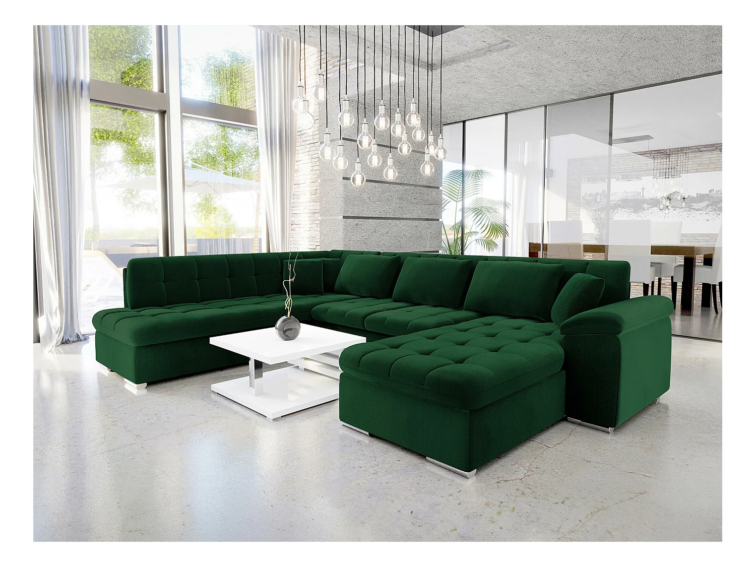 Canapé d'angle Comfivo 128, Vert, Fonction de couchage, 348x205x76cm