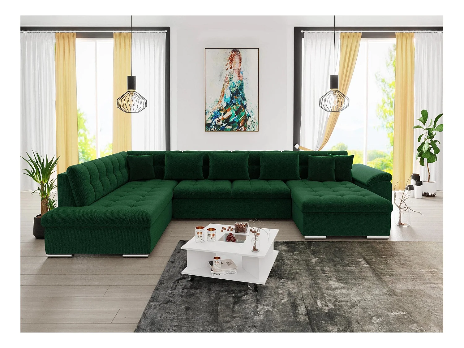 Canapé d'angle Comfivo 128, Vert, Fonction de couchage, 348x205x76cm