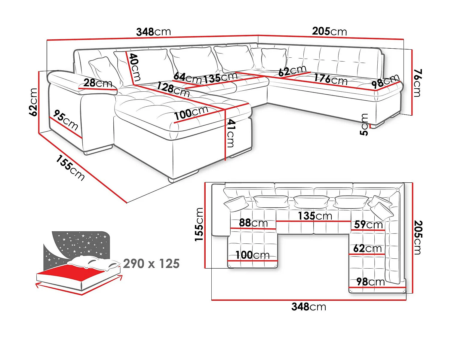 Canapé d'angle Comfivo 128, Vert, Disponible, 348x205x76cm
