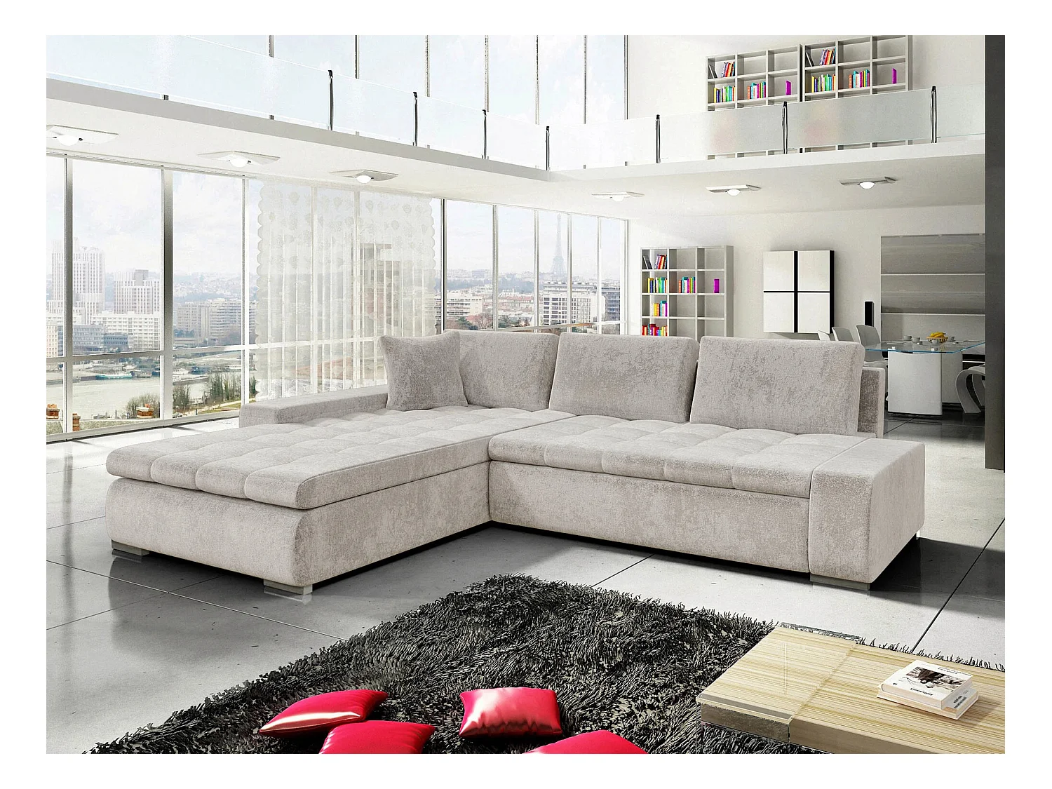Canapé d'angle Comfivo 147, Gris, Fonction de couchage, Boîte de literie, 302x213x80cm