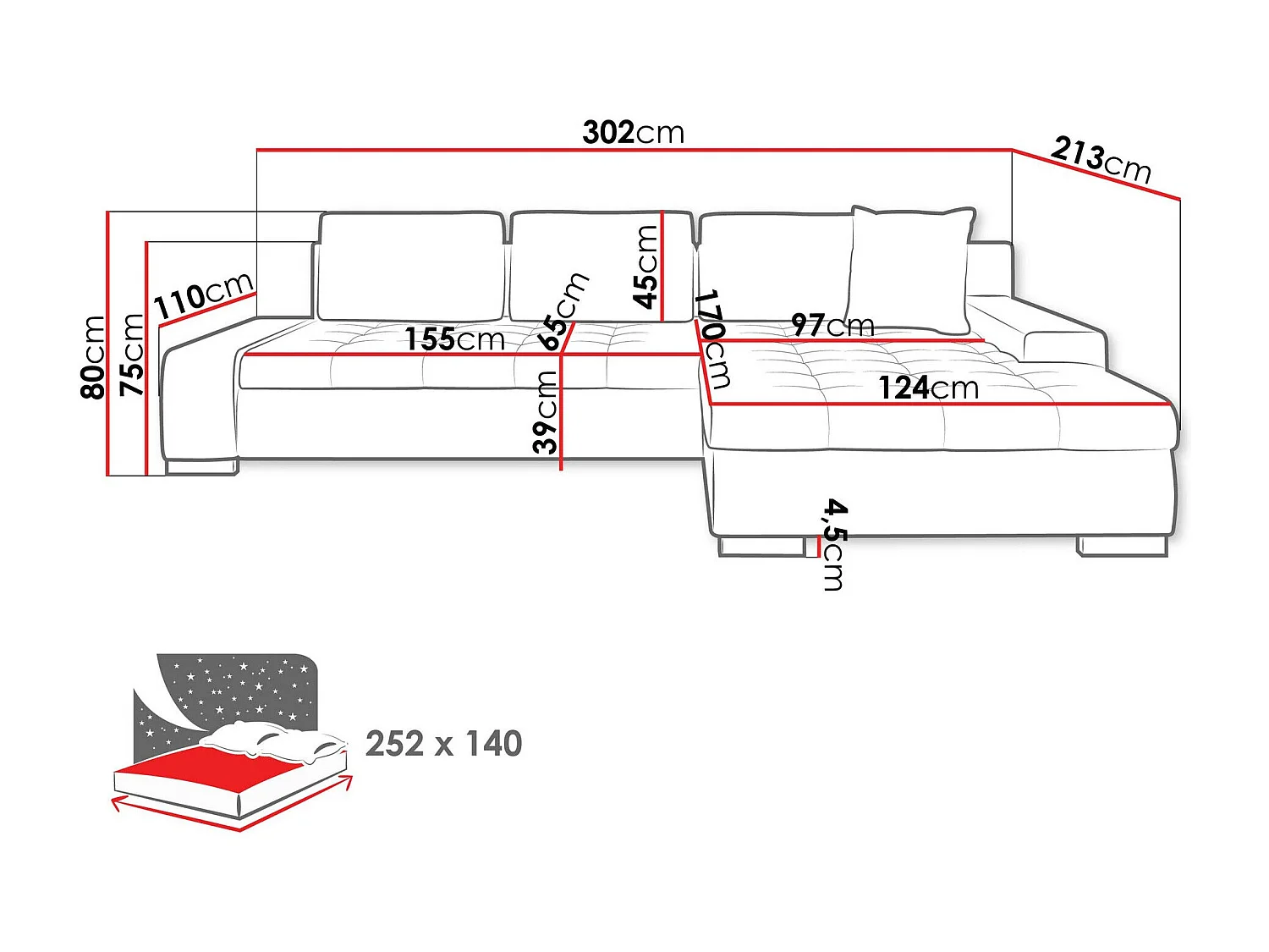 Sofá rinconero Comfivo 147, Gris, Función de descanso, Almacenaje, 302x213x80cm