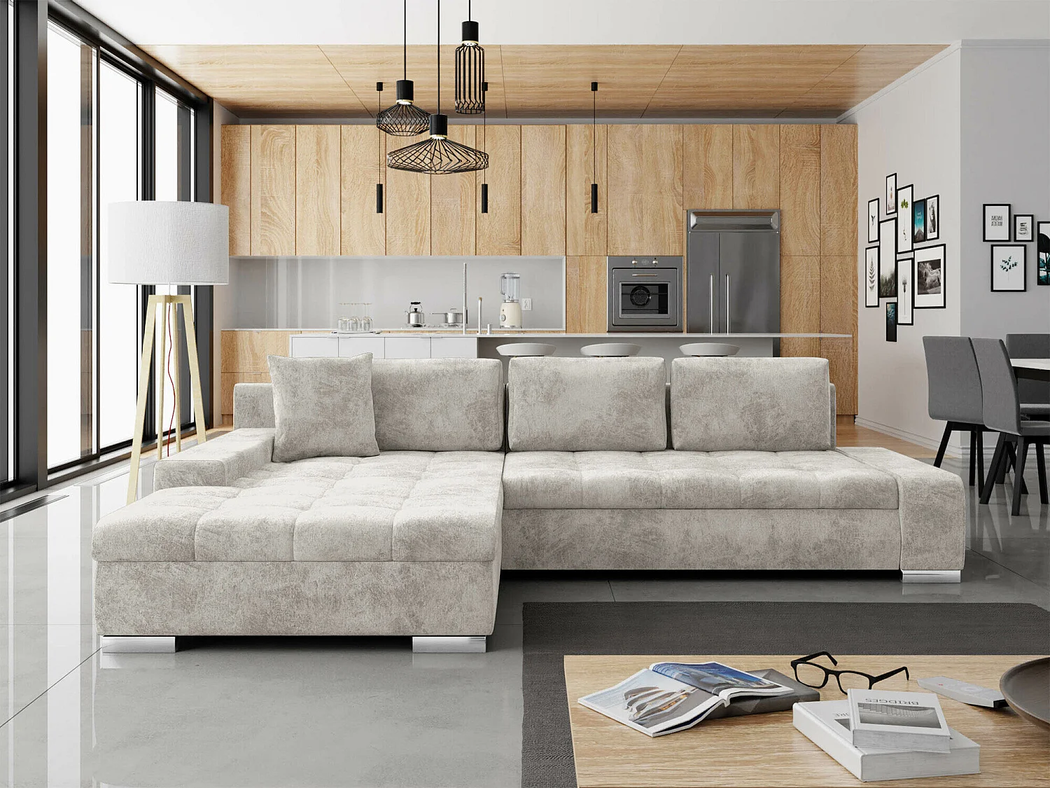 Canapé d'angle convertible 3 places en tissu gris