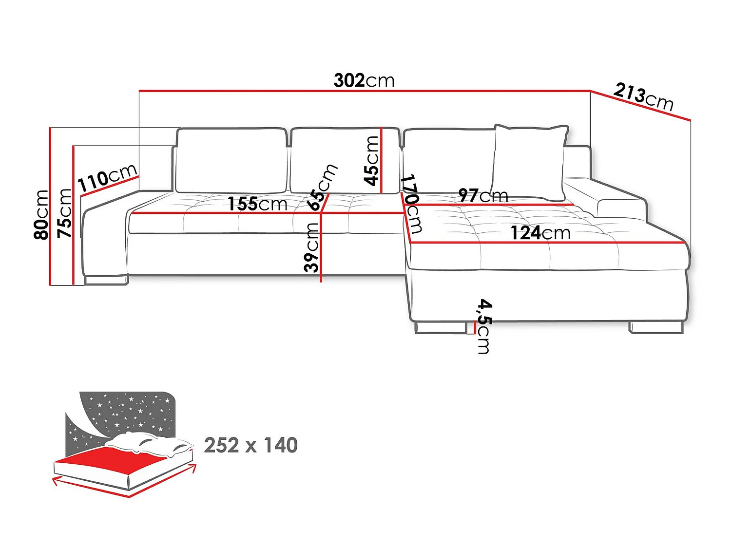 Canapé d'angle convertible 3 places en tissu gris