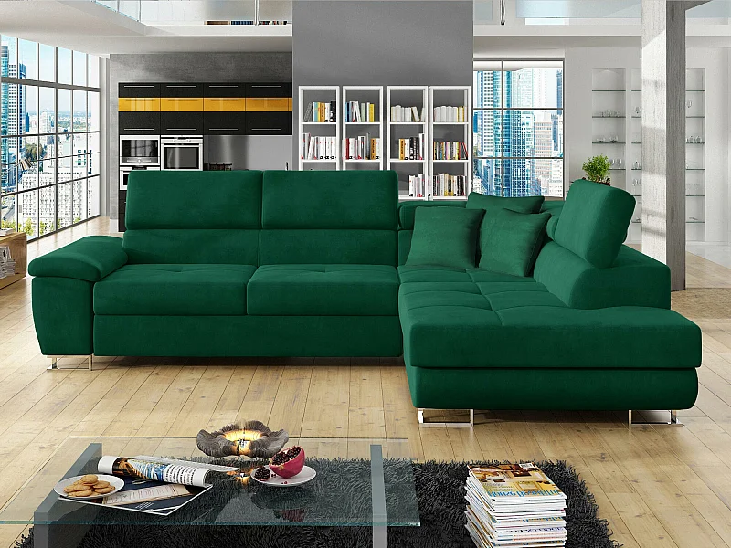 Sofá rinconero Comfivo 166, Verde, Función de descanso, Almacenaje, 270x202x71cm