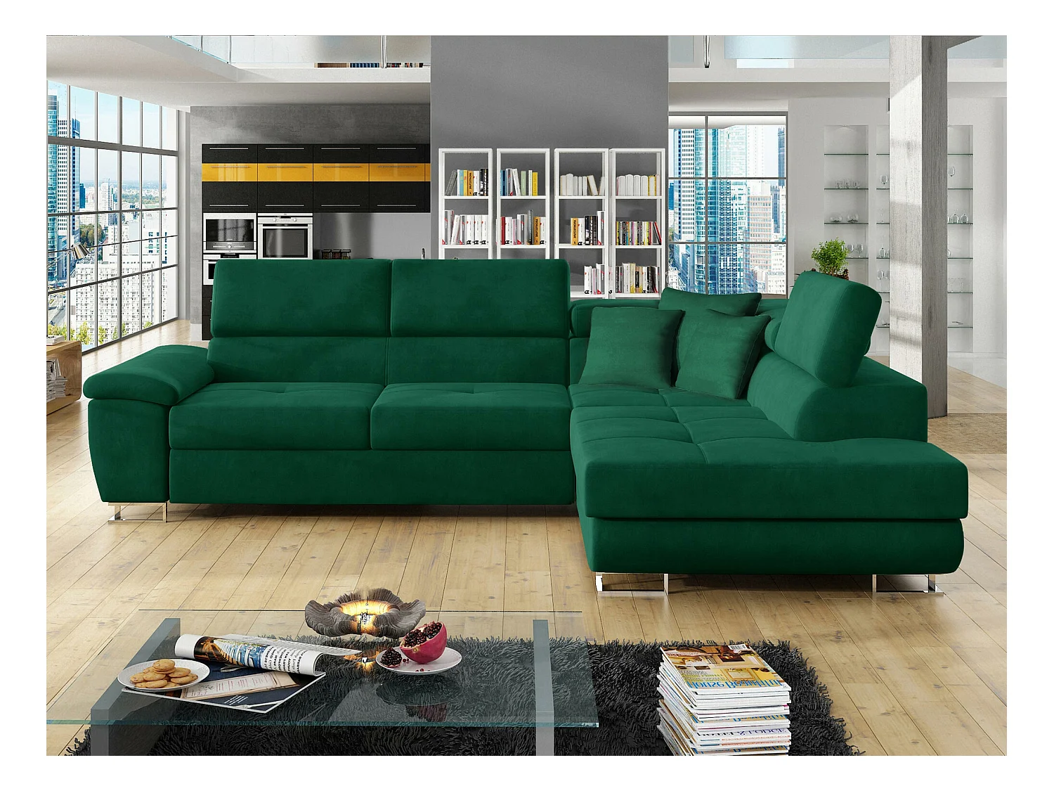 Canapé d'angle Comfivo 166, Vert, Fonction de couchage, Boîte de literie, 270x202x71cm