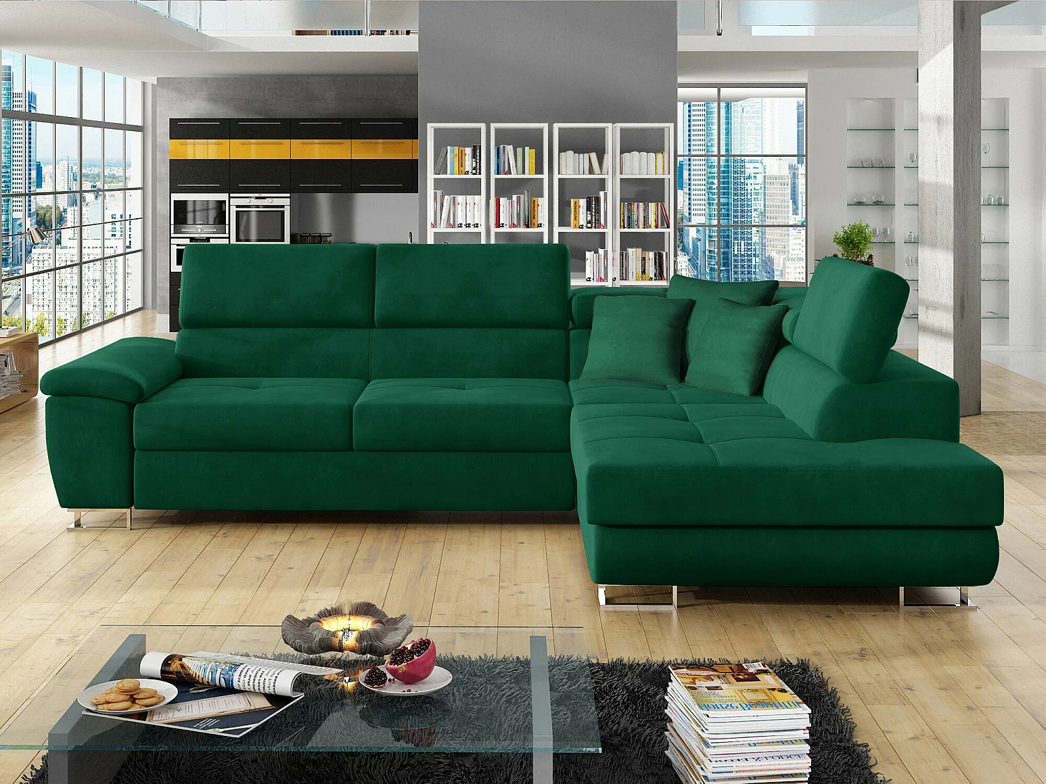 Sofá rinconero Comfivo 166, Verde, Función de descanso, Almacenaje, 270x202x71cm