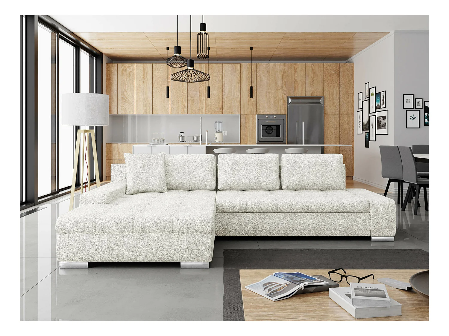 Sofá rinconero Comfivo 147, De color marrón claro, Función de descanso, Almacenaje, 302cm