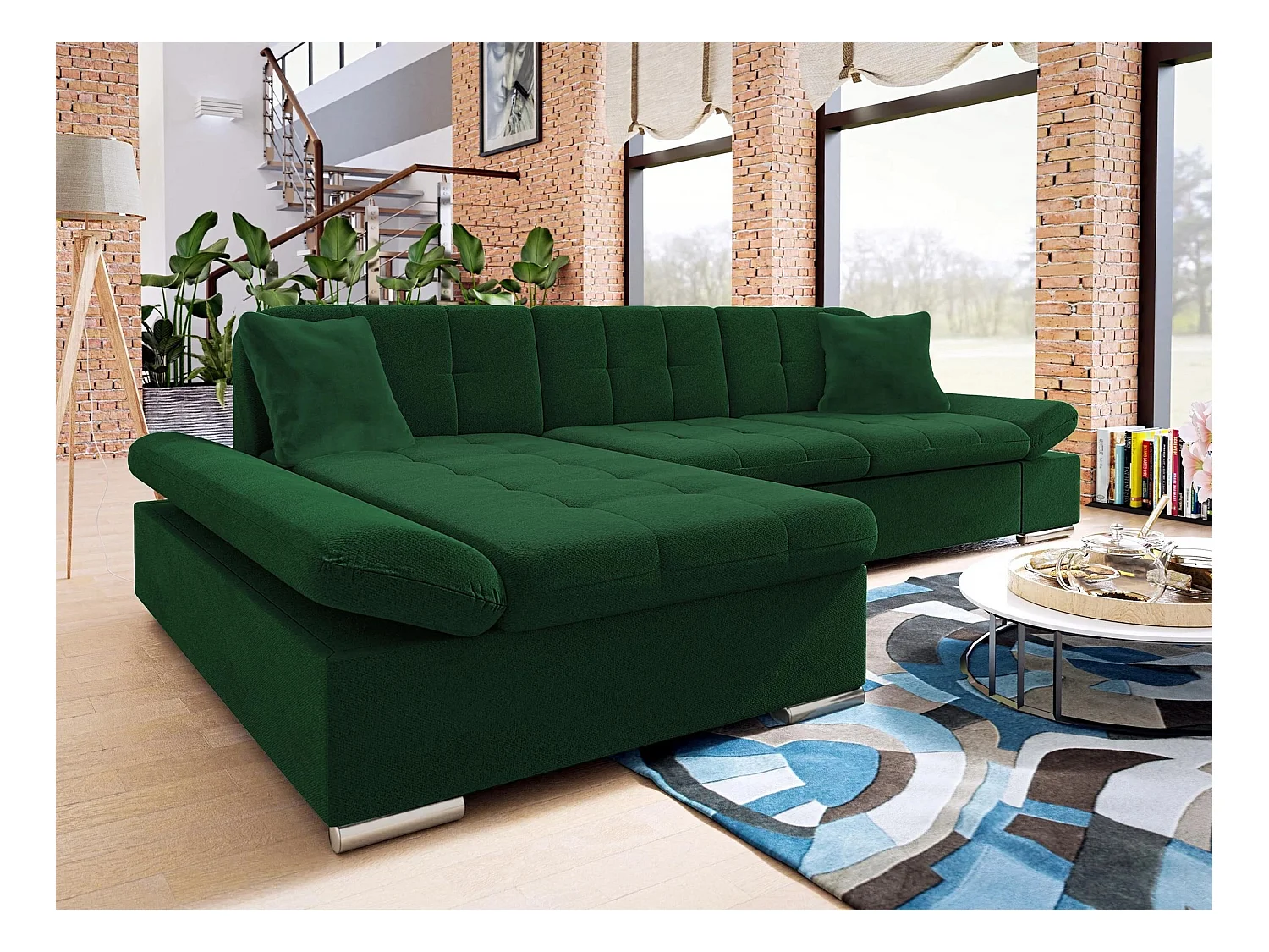 Canapé d'angle Comfivo 152, Vert, Fonction de couchage, Boîte de literie, 278x161x76cm