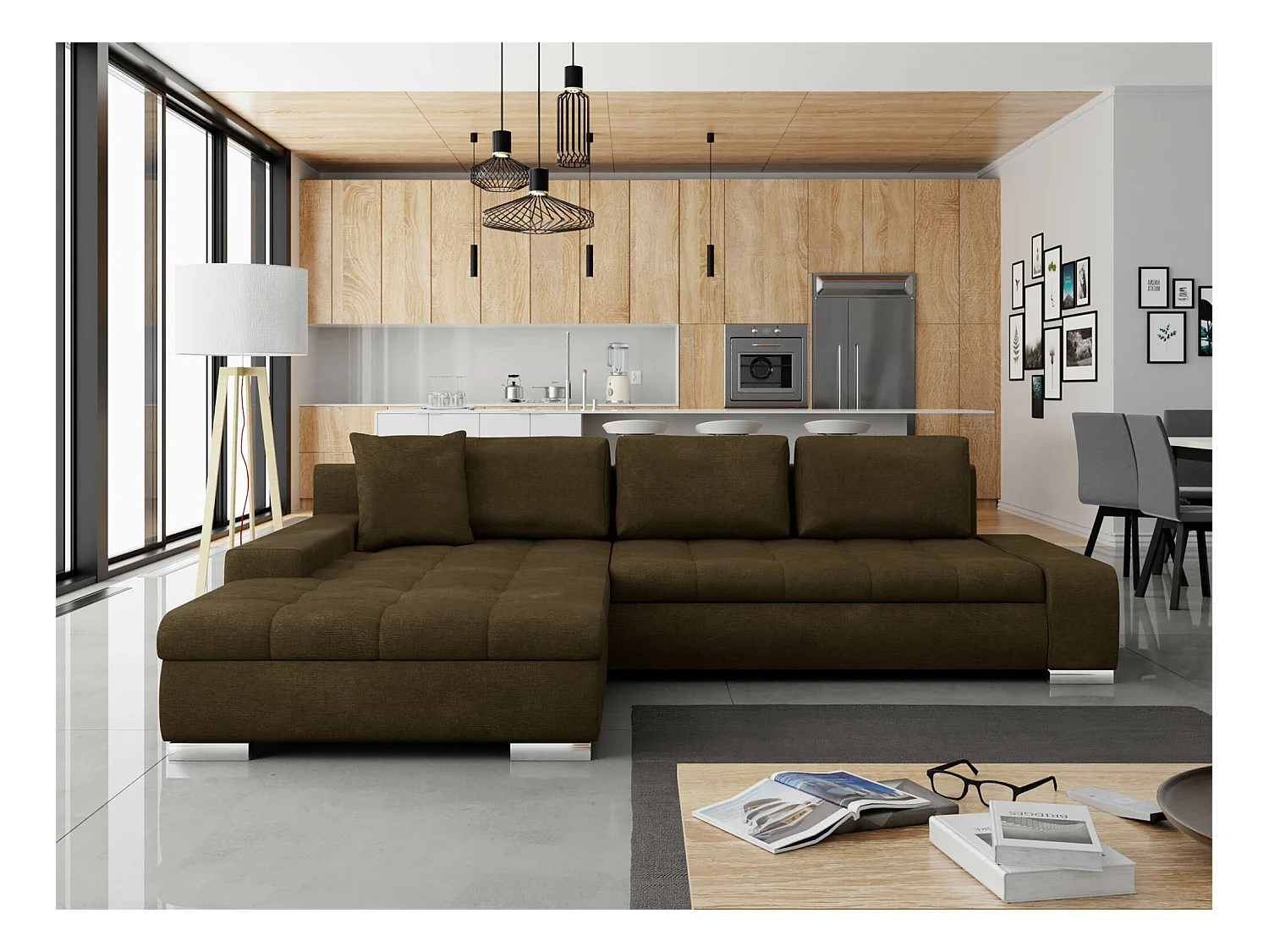 Sofá rinconero Comfivo 147, Marrón, Función de descanso, Almacenaje, 302x213x80cm