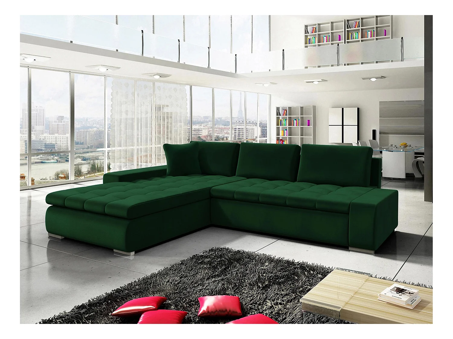 Canapé d'angle Comfivo 147, Vert, Fonction de couchage, Boîte de literie, 302x213x80cm