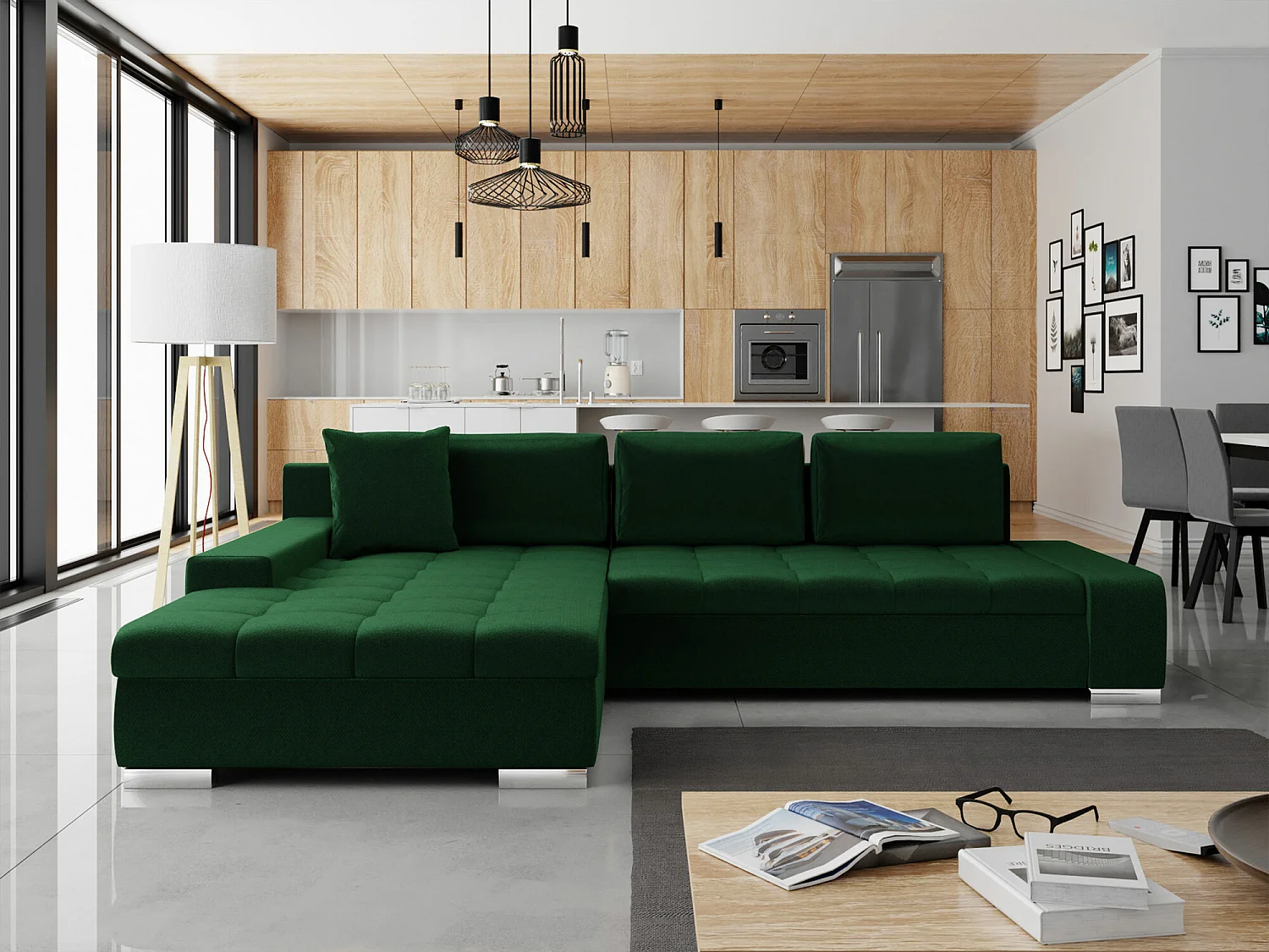 Sofá rinconero Comfivo 147, Verde, Función de descanso, Almacenaje, 302x213x80cm