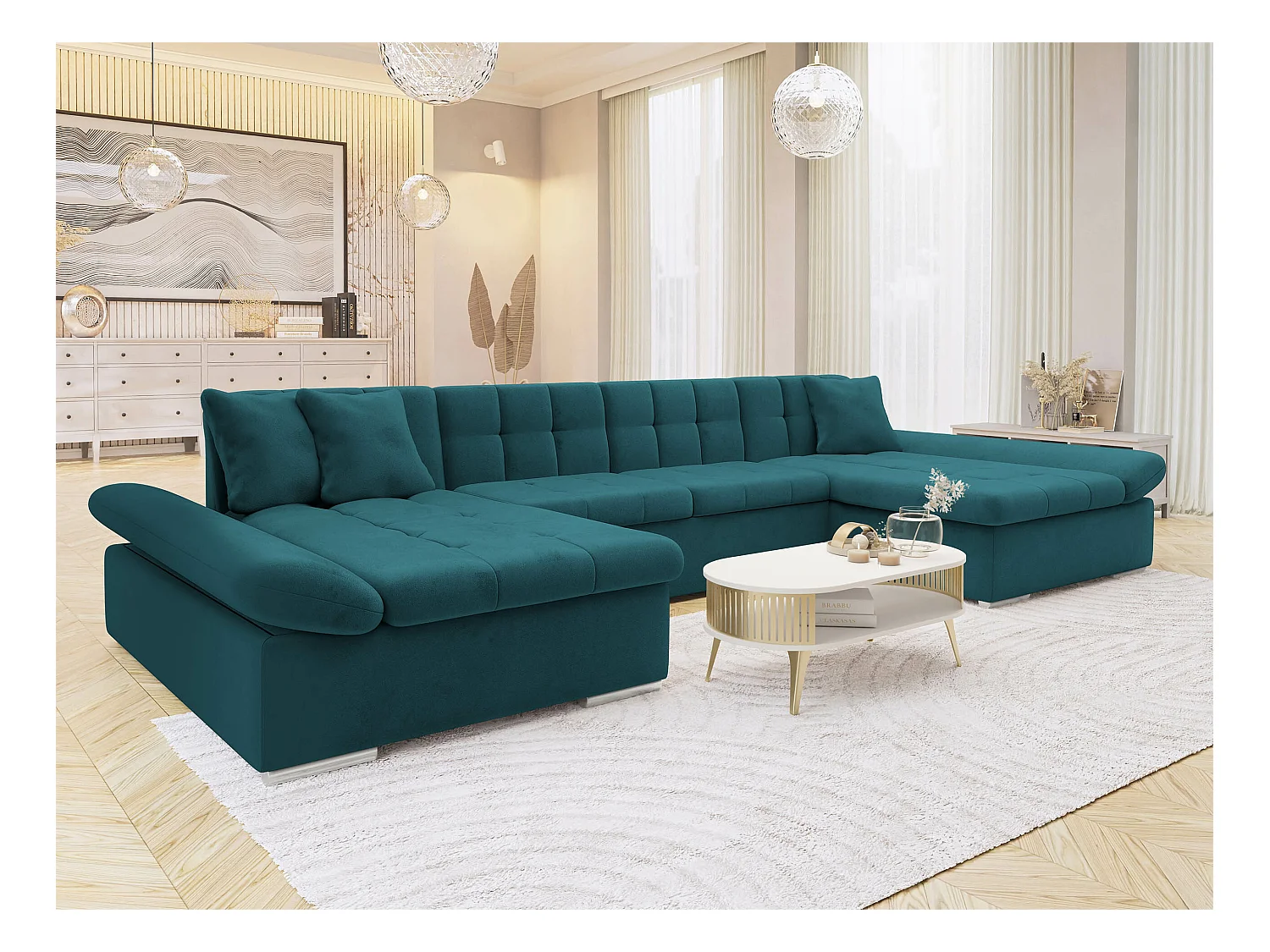 Sofá rinconero Comfivo 155, Turquesa, Función de descanso, Almacenaje, 360x160x75cm