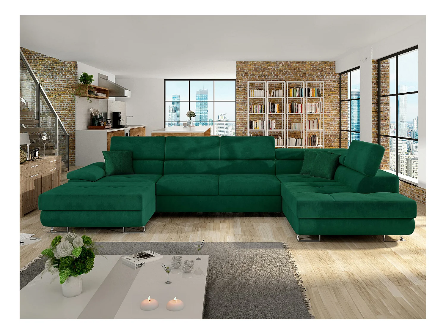 Canapé d'angle Comfivo 190, Vert, Fonction de couchage, Boîte de literie, 345x202x71cm