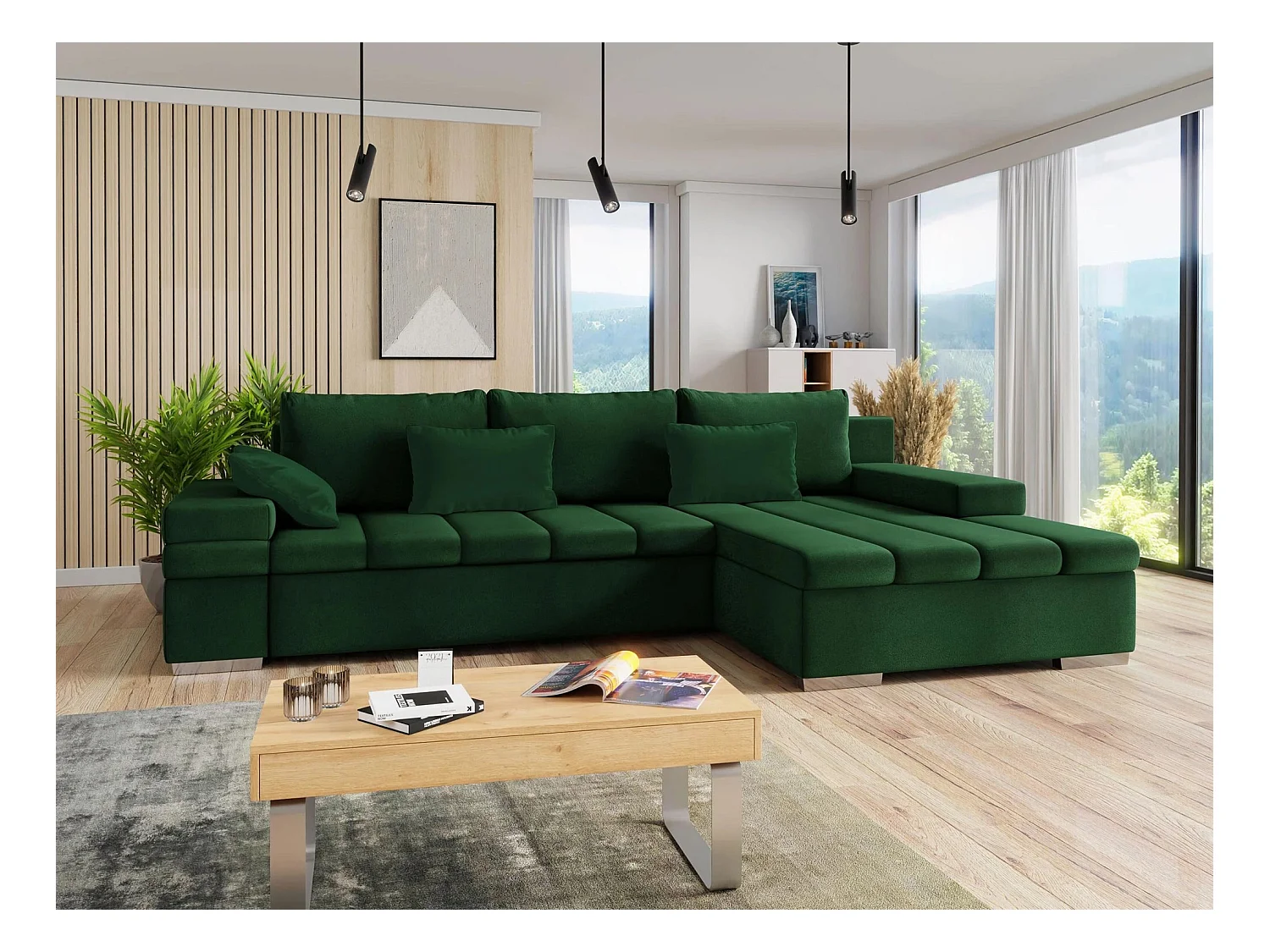 Canapé d'angle Comfivo 113, Vert, Fonction de couchage, Boîte de literie, 310x175x83cm