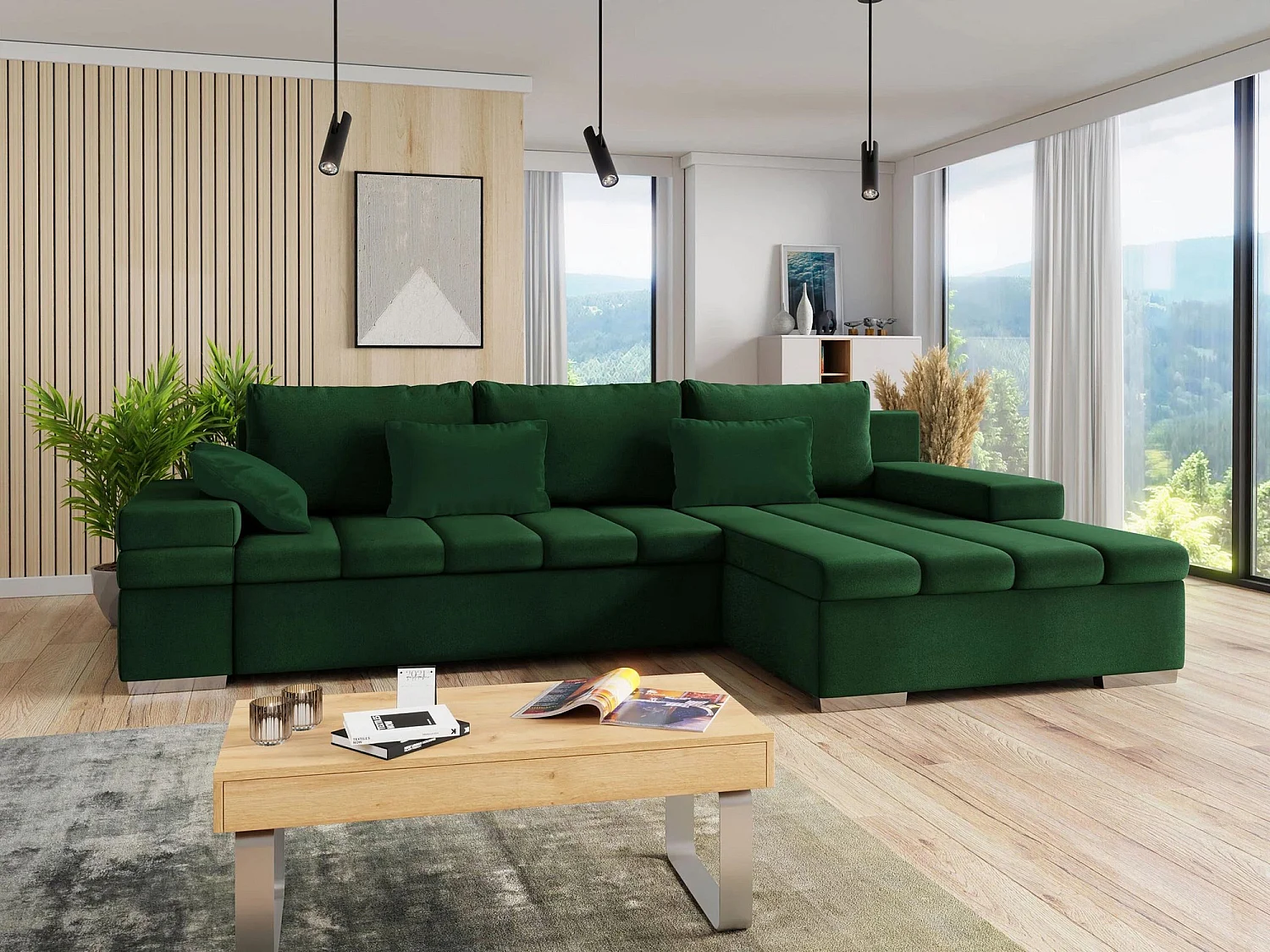 Sofá rinconero Comfivo 113, Verde, Función de descanso, Almacenaje, 310x175x83cm