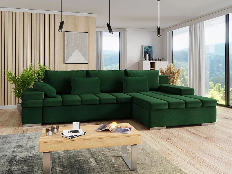 Sofá rinconero Comfivo 113, Verde, Función de descanso, Almacenaje, 310x175x83cm