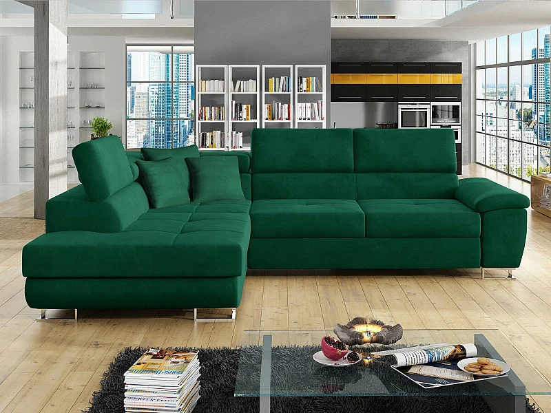 Sofá rinconero Comfivo 166, Verde, Función de descanso, Almacenaje, 270x202x71cm