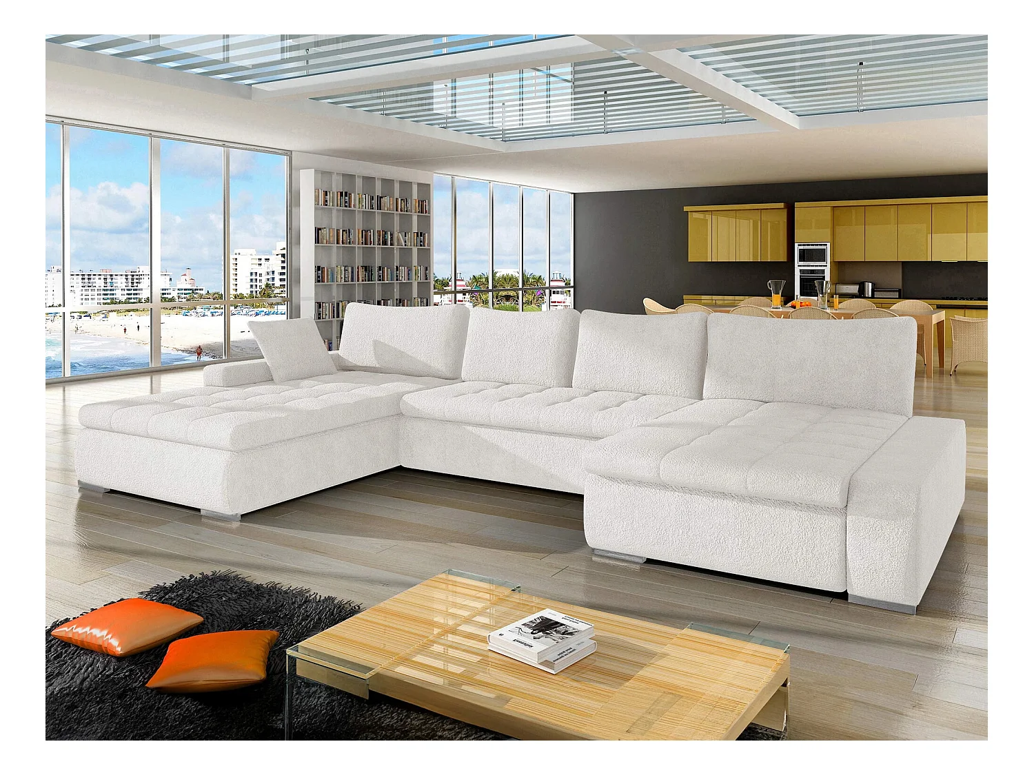 Sofá rinconero Comfivo 106, De color marrón claro, Función de descanso, Almacenaje, 394cm