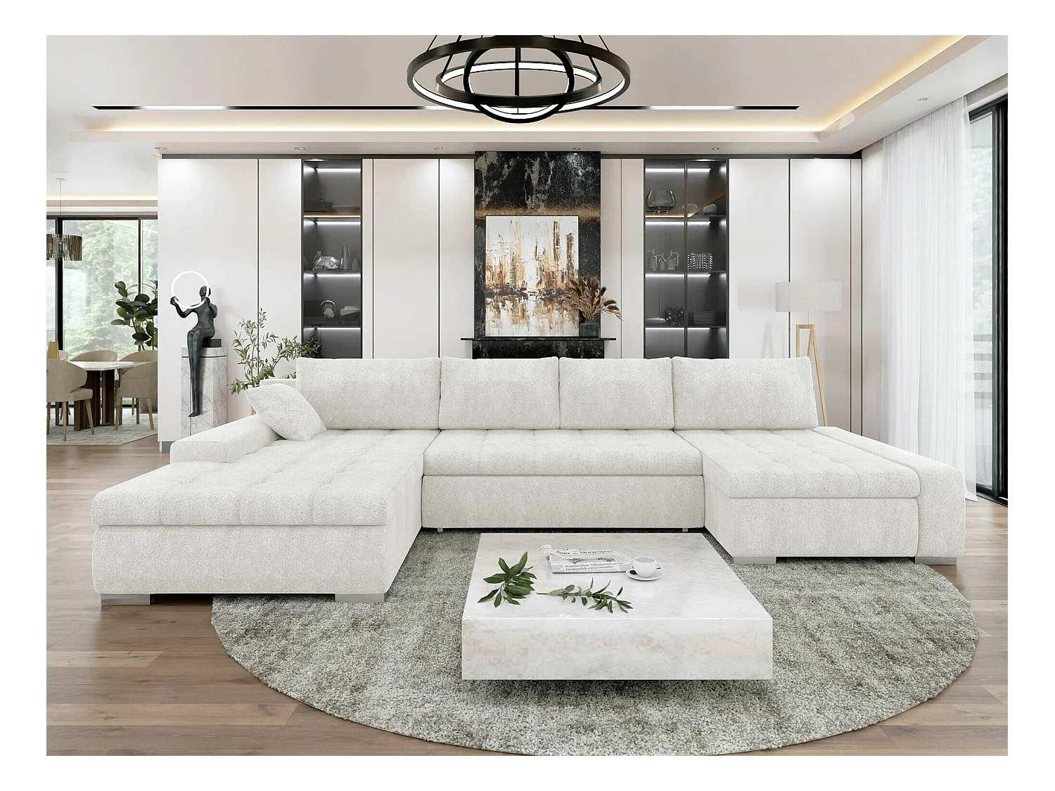 Sofá rinconero Comfivo 106, De color marrón claro, Función de descanso, Almacenaje, 394cm