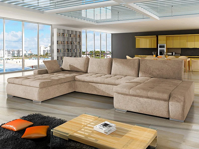 Sofá rinconero Comfivo 106, De color marrón claro, Función de descanso, Almacenaje, 394cm