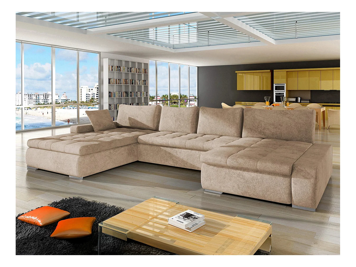 Sofá rinconero Comfivo 106, De color marrón claro, Función de descanso, Almacenaje, 394cm