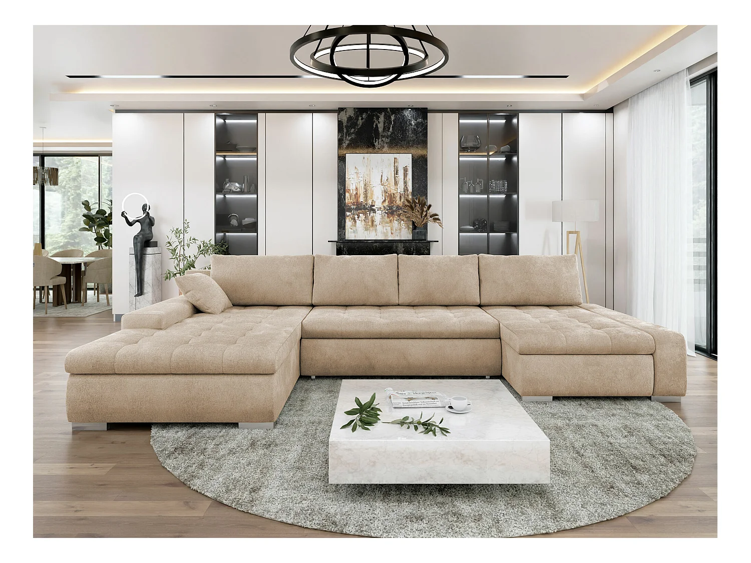 Sofá rinconero Comfivo 106, De color marrón claro, Función de descanso, Almacenaje, 394cm