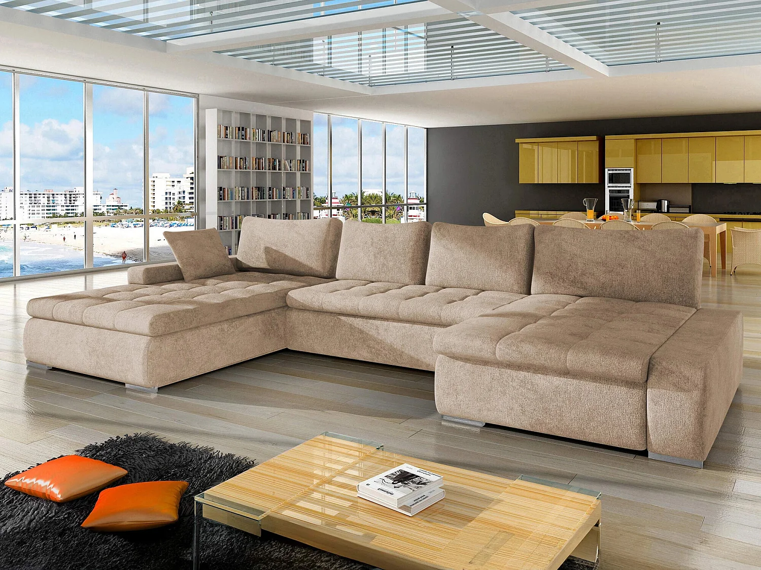 Sofá rinconero Comfivo 106, De color marrón claro, Función de descanso, Almacenaje, 394cm