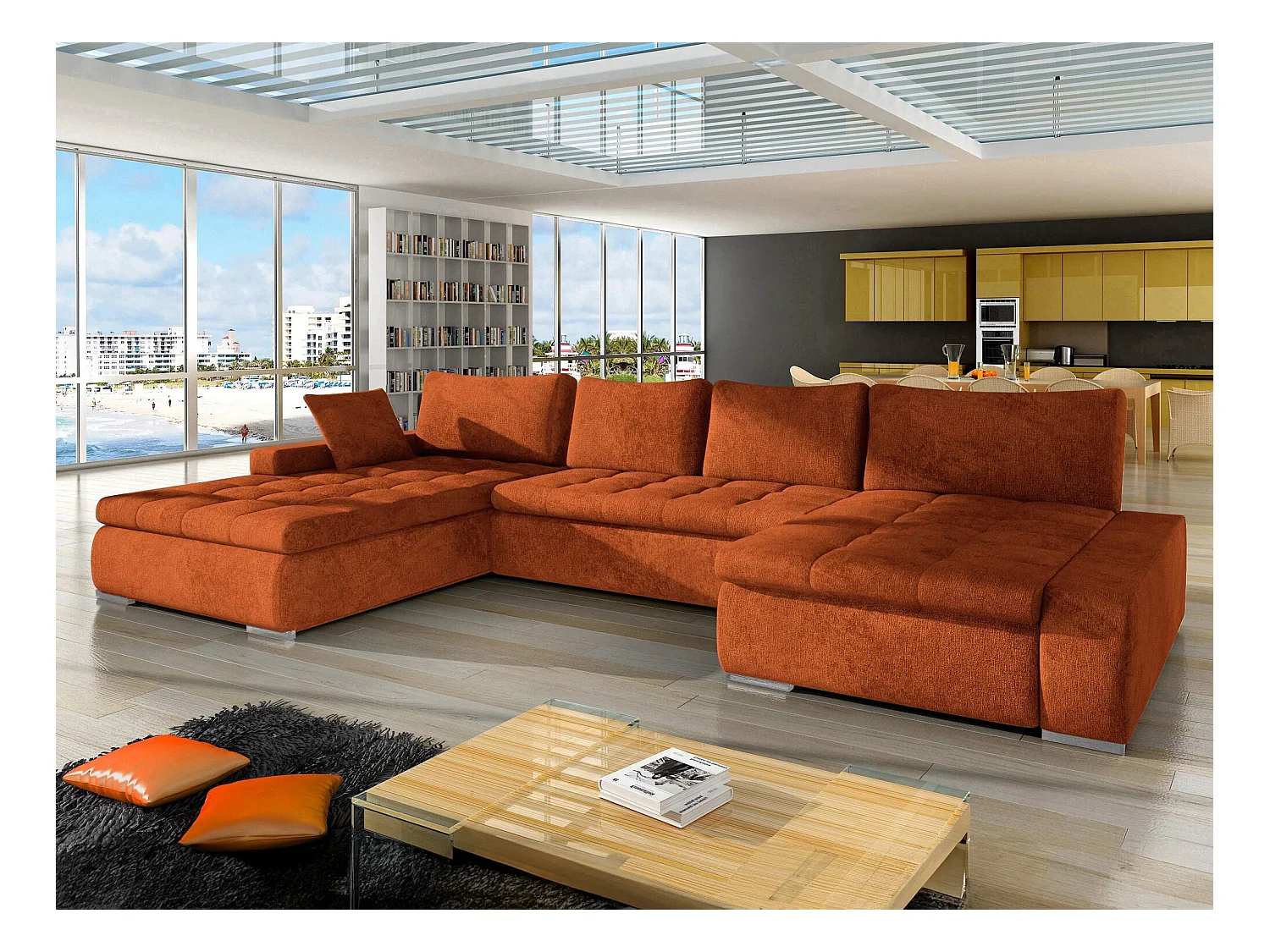 Sofá rinconero Comfivo 106, Rojo, Función de descanso, Almacenaje, 394x213x80cm