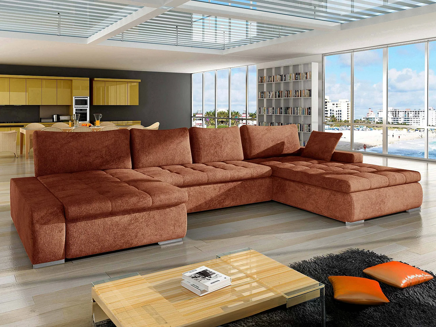 Canapé d'angle convertible 3 places en tissu rouge