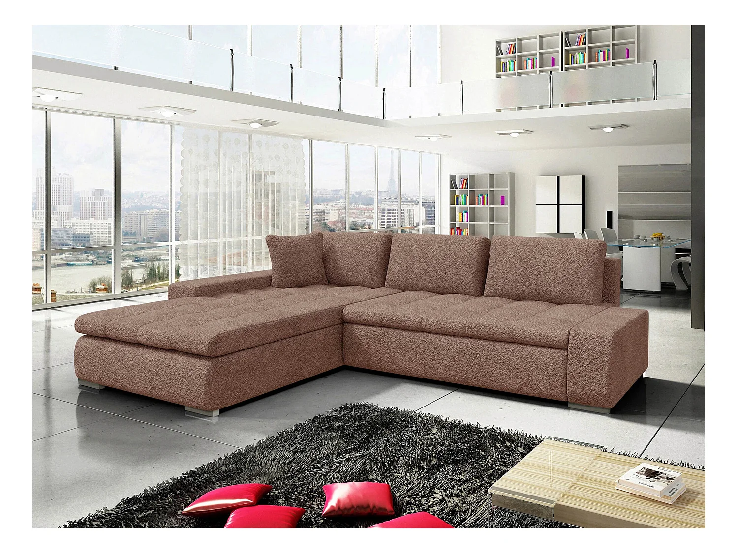 Sofá rinconero Comfivo 147, Marrón, Función de descanso, Almacenaje, 302x213x80cm