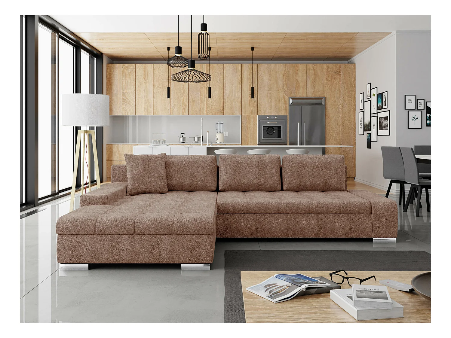 Sofá rinconero Comfivo 147, Marrón, Función de descanso, Almacenaje, 302x213x80cm