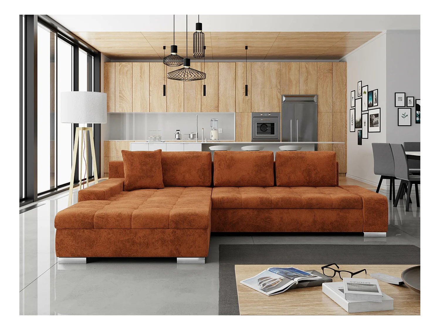 Sofá rinconero Comfivo 147, Rojo, Función de descanso, Almacenaje, 302x213x80cm