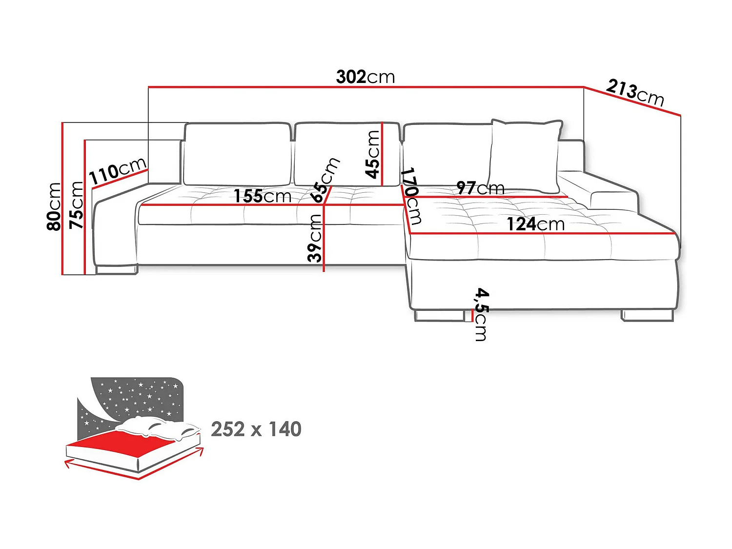 Sofá rinconero Comfivo 147, Rojo, Función de descanso, Almacenaje, 302x213x80cm
