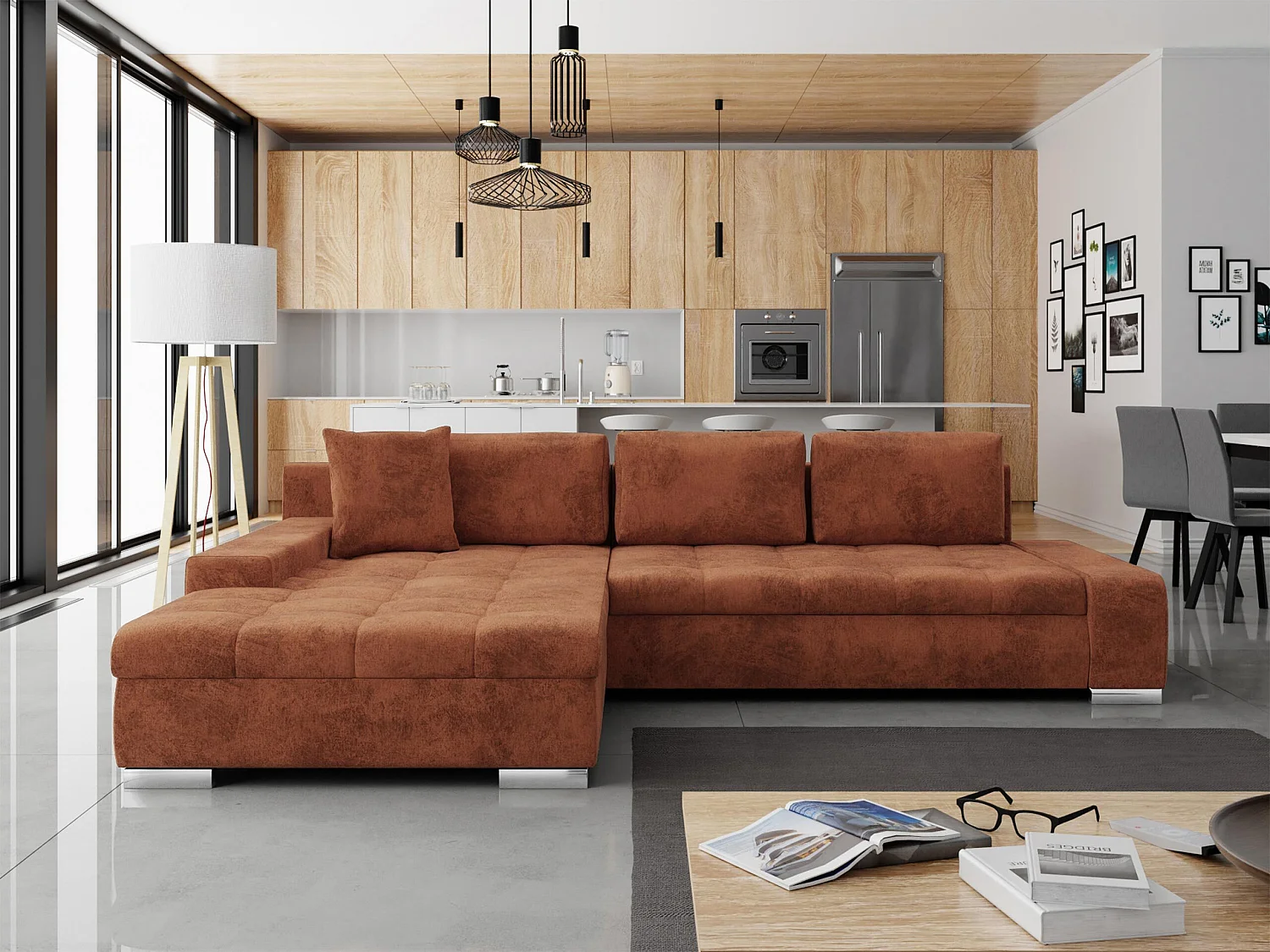Canapé d'angle convertible 3 places en tissu rouge