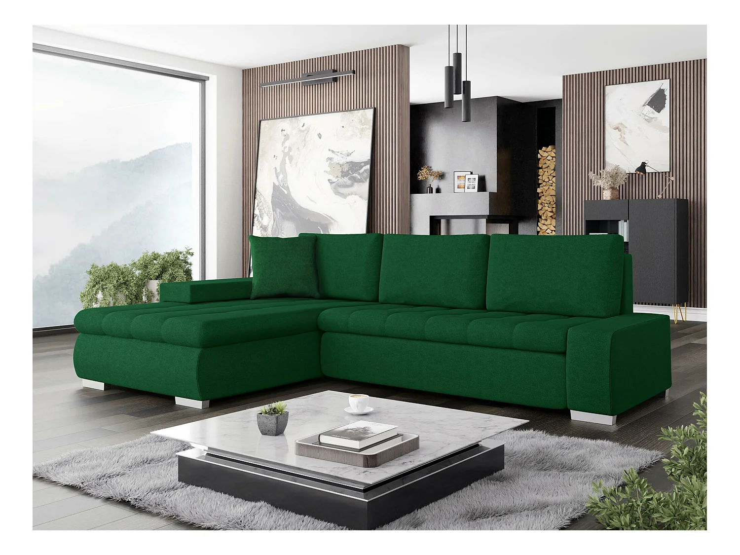 Canapé d'angle Comfivo 112, Vert, Fonction de couchage, Boîte de literie, 265x185x85cm