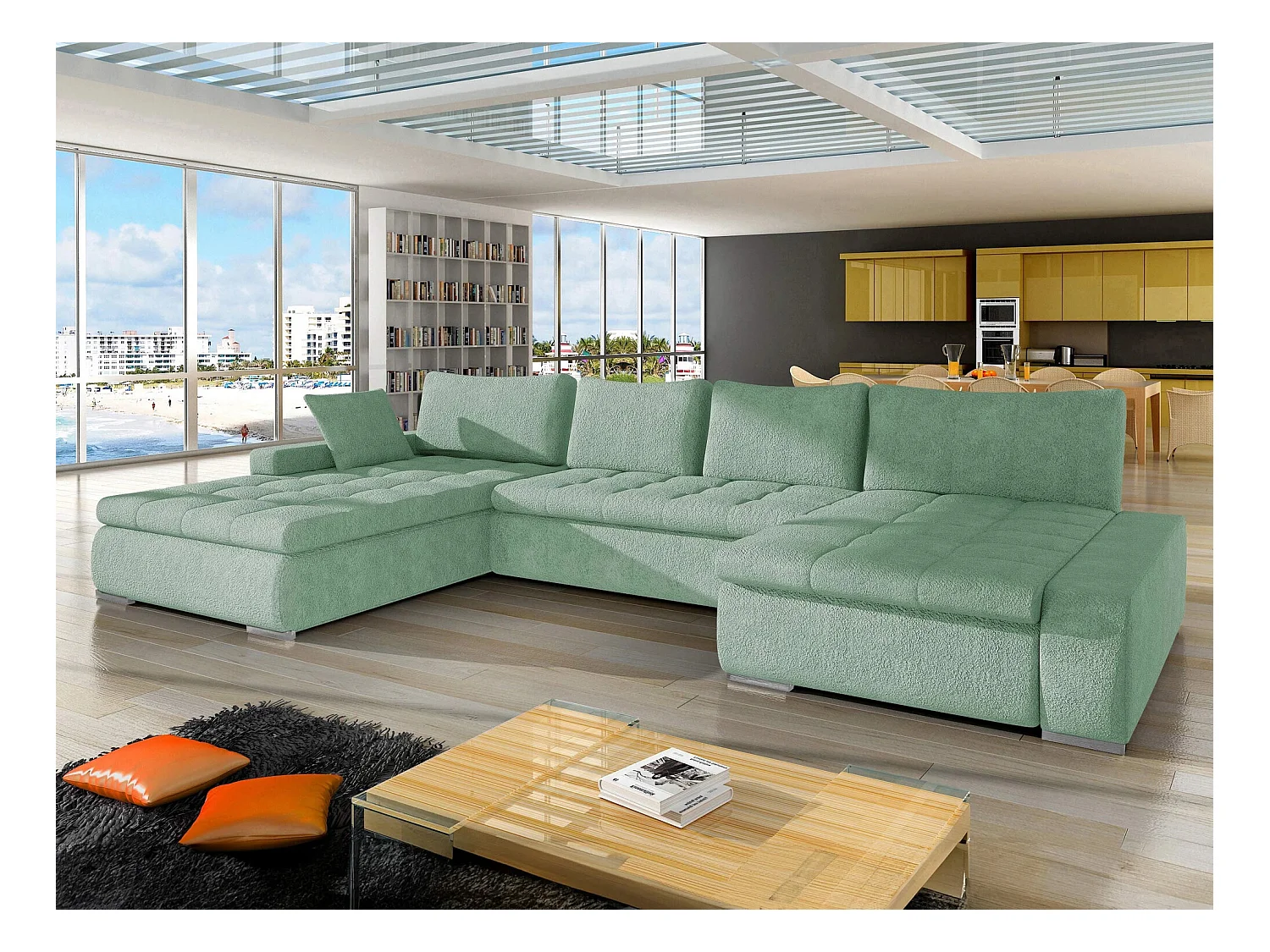 Sofá rinconero Comfivo 106, Turquesa, Función de descanso, Almacenaje, 394x213x80cm