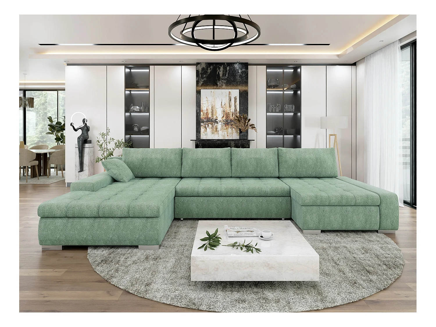 Sofá rinconero Comfivo 106, Turquesa, Función de descanso, Almacenaje, 394x213x80cm