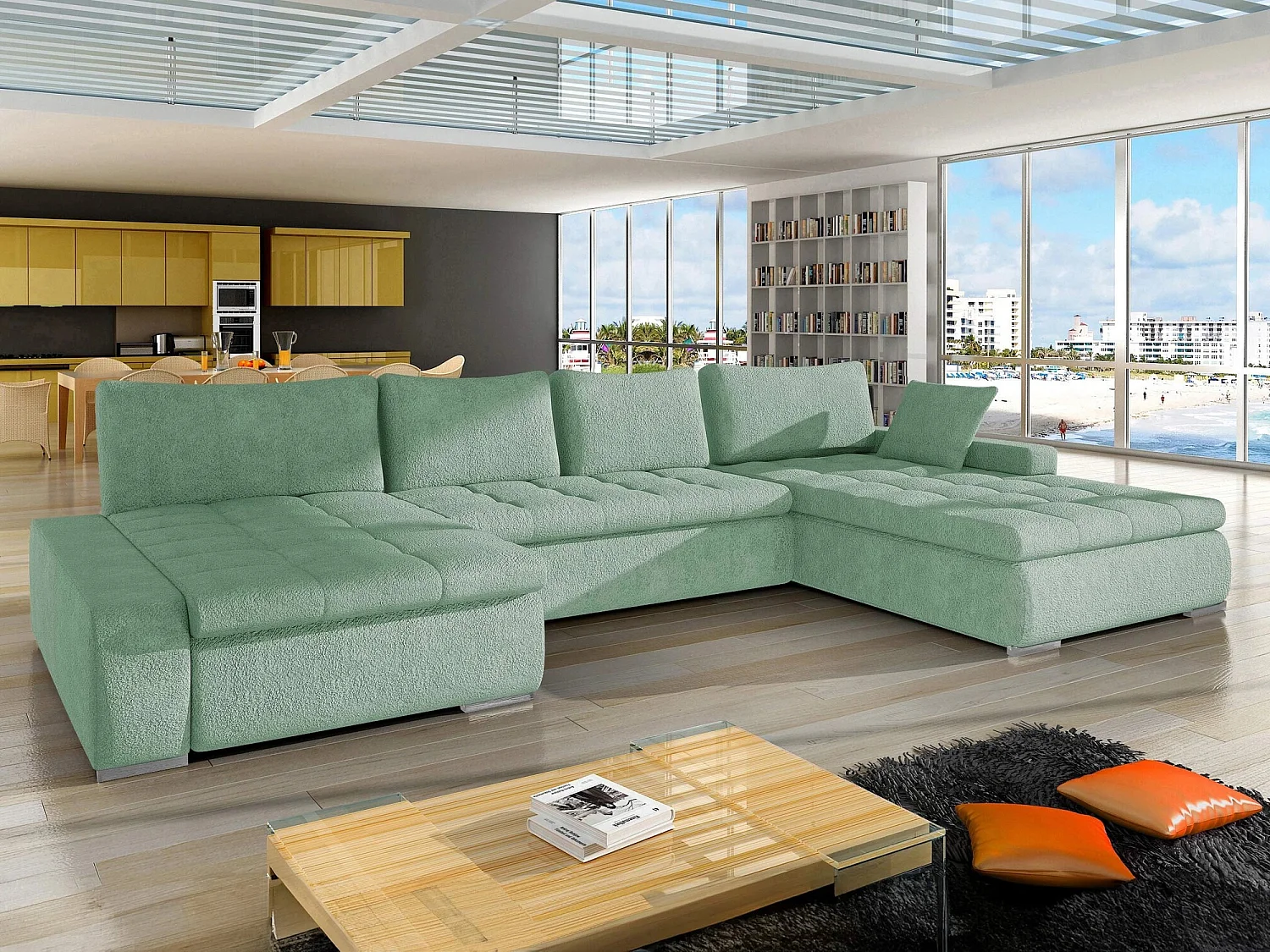 Canapé d'angle Comfivo 106, Turquoise, Disponible, 394x213x80cm